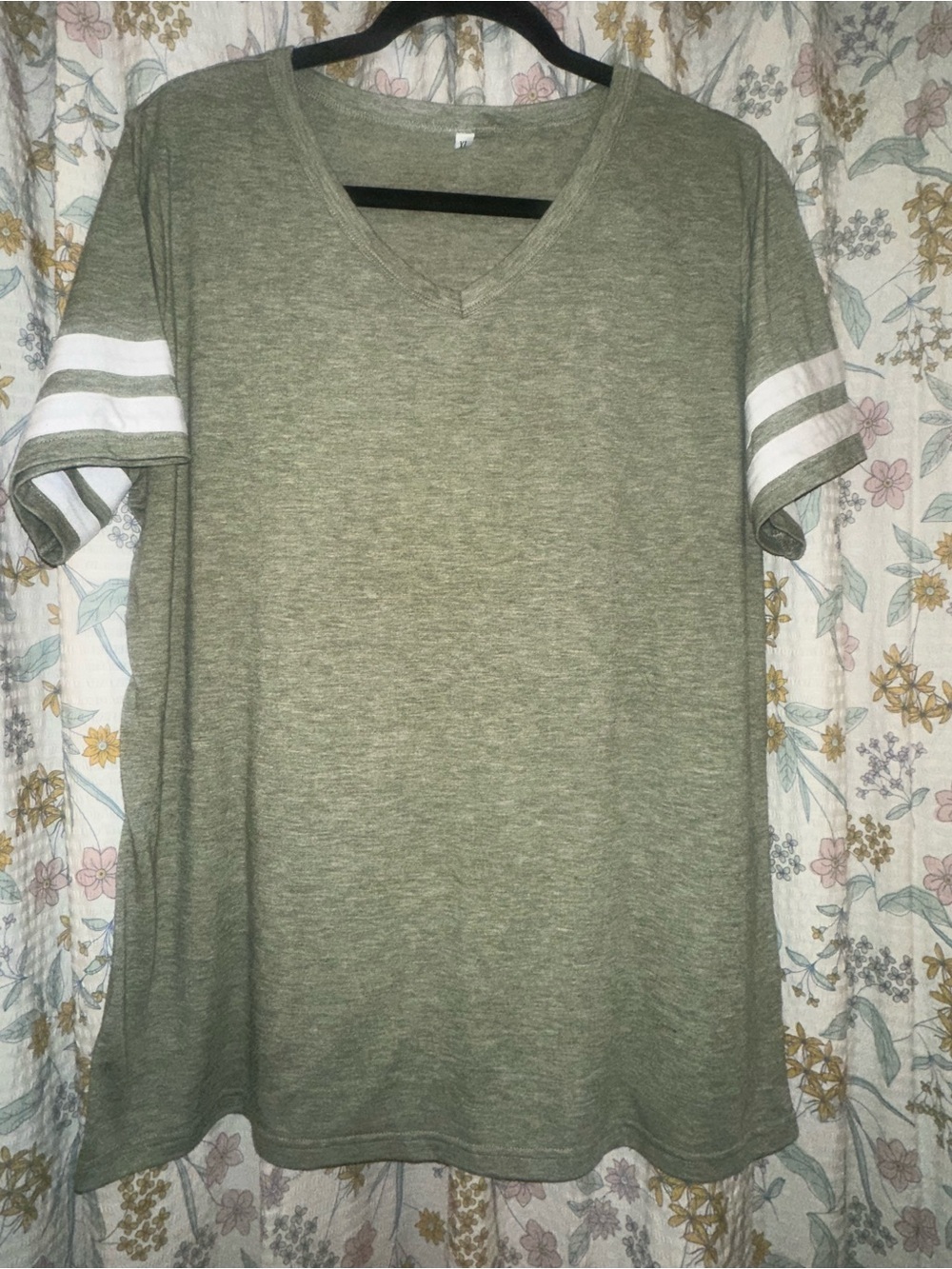 Olive Green V-Neck Women’s Tee with White Sleeve Stripes